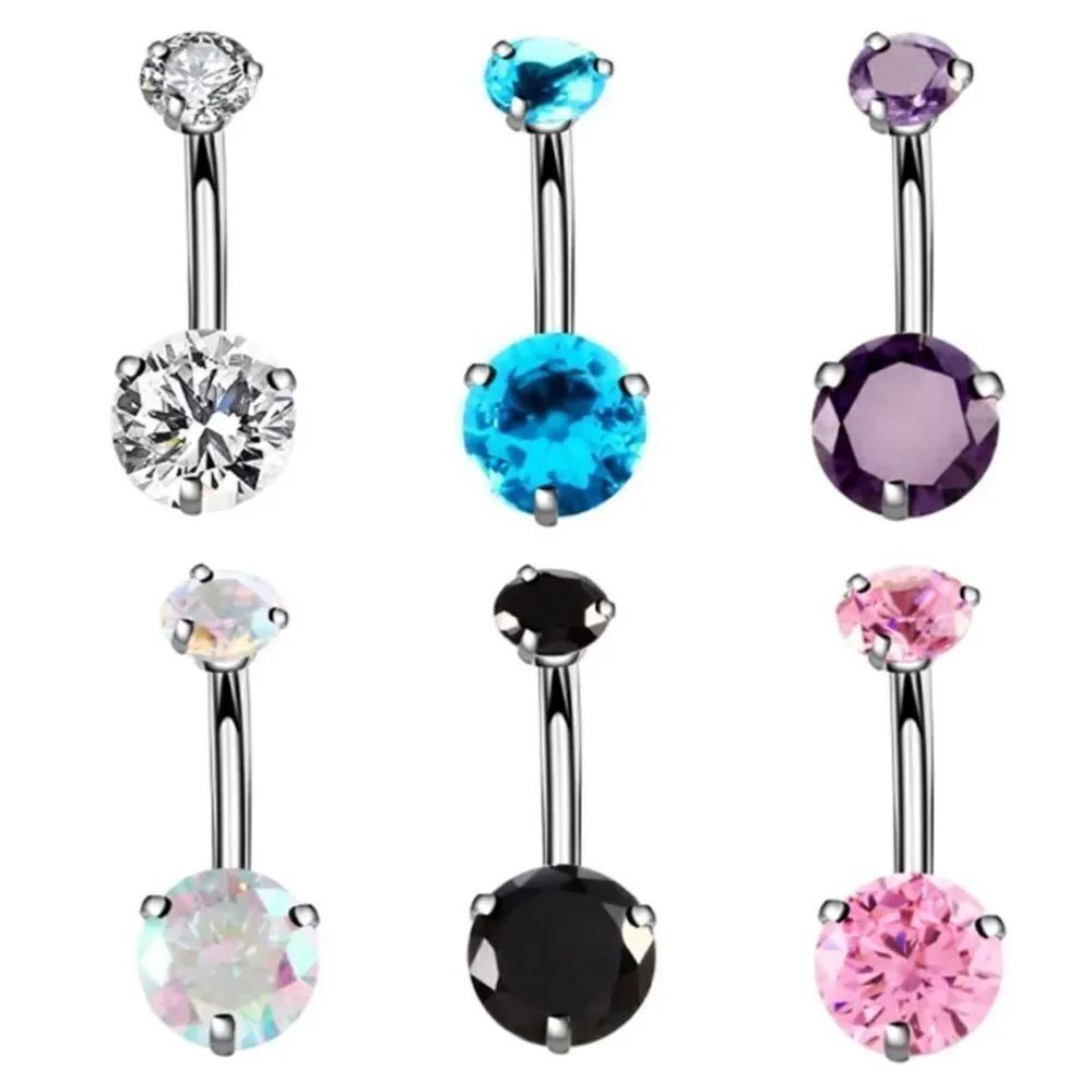 14G 316L Round Cubic Zirconia Barbell Belly Button Navel Rings - Set of 6
